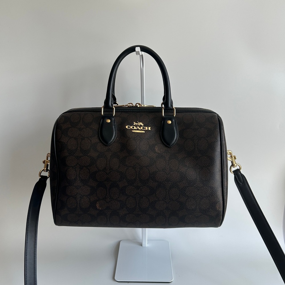 Coach Rowan Large Satchel Walnut Black Signature Canvas Crossbody CV959